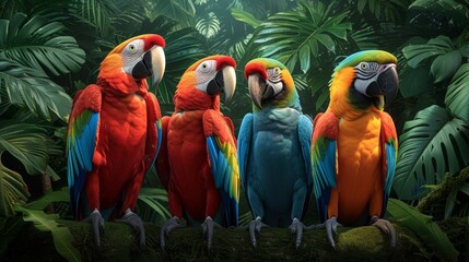  A quartet of colorful macaws perched in a lush jungle, exuding tropical vibrancy. - obrazy, fototapety, plakaty