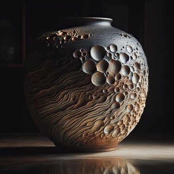 Patterned raku ceramic vase highlighted