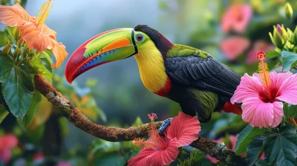 Deurstickers Keel-billed toucan among tropical flowers, ideal for rainforest and wildlife themes. © Liana