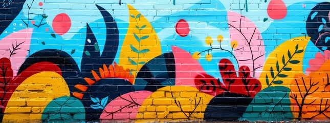 Whimsical and vibrant floral street art mural with a variety of colorful plants and abstract patterns on a city wall.