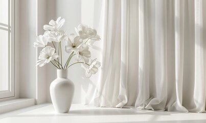Stylish ivory Scandinavian minimalistic interior with white flowers in vase on table near window with curtains