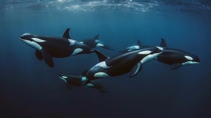 A pod of orcas swimming gracefully in the deep blue ocean. - obrazy, fototapety, plakaty