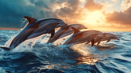 A pod of dolphins leaping together at sunset above ocean waves. - obrazy, fototapety, plakaty