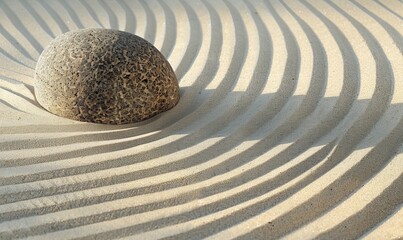 Fototapeta na wymiar Japanese zen garden with round stone in raked sand.