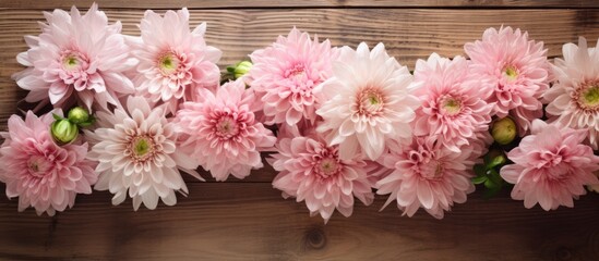 A bunch of delicate pink chrysanthemum flowers elegantly arranged on top of a vintage wooden table. The soft petals contrast with the rustic texture of the table, creating a charming display.