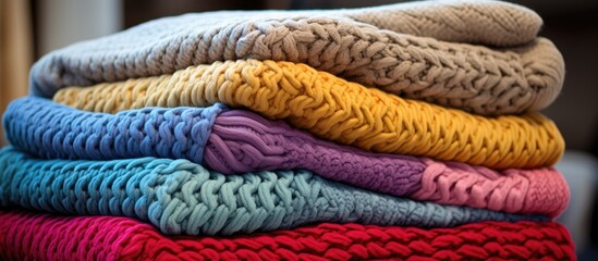 A stack of knitted blankets made from woolen threads, neatly piled on top of each other. The blankets are cozy and perfect for interior design purposes.