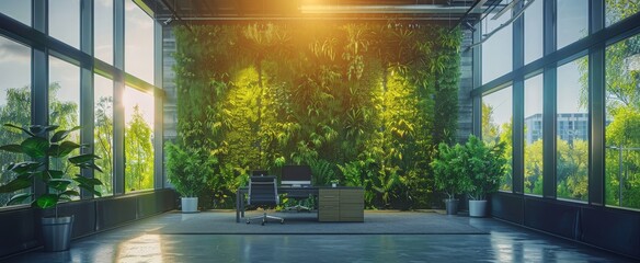 Modern office space with a lush green living wall, sunlit by large windows overlooking trees, promoting a sustainable work environment.