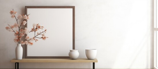 A black picture frame is neatly placed on top of a rustic wooden shelf in a room. The frame is empty, ready for a photo or artwork to be displayed.
