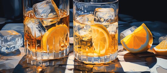 This painting depicts two glasses filled with ice cubes, alongside a fresh orange placed on a...