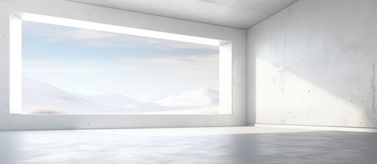 An abstract white and concrete interior featuring an empty room with a large window, allowing natural light to fill the space. The simplicity of the design enhances the spaciousness of the room.
