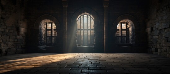 Fototapeta premium A dark room illuminated by two windows, with a rough brick floor. The sunlight creates a stark contrast against the dim interior, highlighting the texture of the bricks.