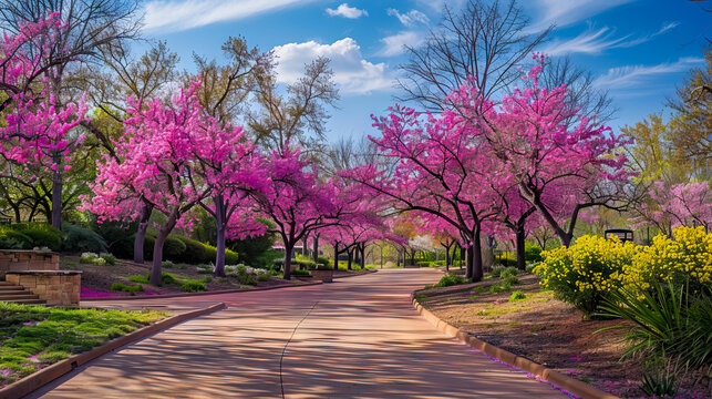 full bloom Beautiful Redbud Trees in the road side - AI Generated