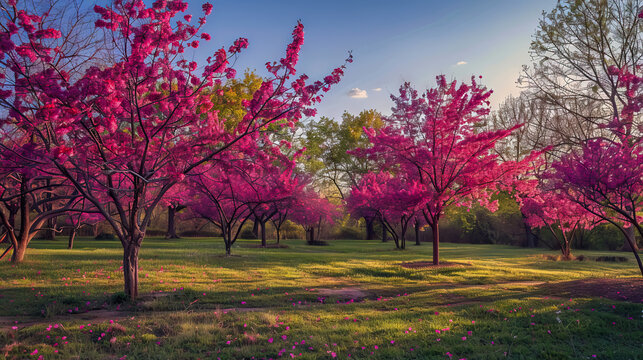 Eastern redbud tree in full bloom with sprinkling of wildflowers in the surrounding grass - AI Generated