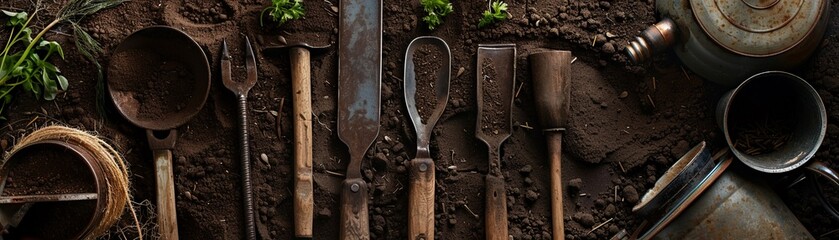 Traditional farm tools laid against a backdrop of biotechnological instruments - obrazy, fototapety, plakaty
