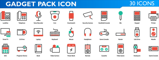 Gadget icon set. Containing landline,voice recorder,cctv,smartwatch,security camera,handheld console,mic,keypad,printer,smart tv,cd drive,laptop,keyboard,mouse,game console. Mixed color style