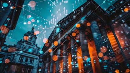 Smart contracts and AI financial advisors set against the backdrop of historic banking institutions