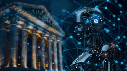 Smart contracts and AI financial advisors set against the backdrop of historic banking institutions