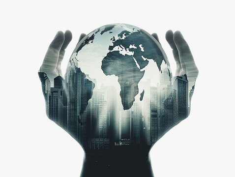 Silhouettes of skyscrapers transition into the shape of hands cradling a globe