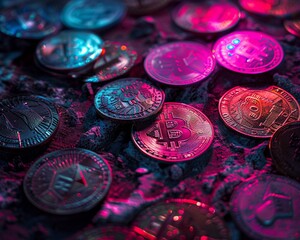 Old-world coins against neon-lit cryptocurrency symbols - obrazy, fototapety, plakaty