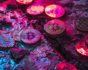 Old-world coins against neon-lit cryptocurrency symbols
