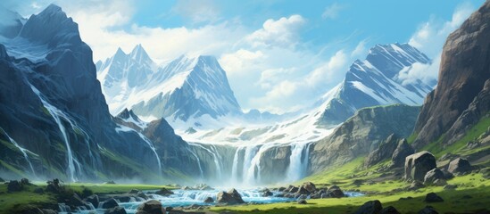 A detailed painting showcasing a majestic waterfall cascading down a rugged mountain landscape in the Arctic region. The waterfall is depicted in full force, surrounded by icy cliffs and snow-covered
