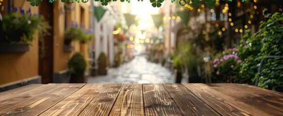 Rustic wooden tabletop with a view of a charming, blurred street adorned with festive shamrock decorations and warm, twinkling lights, evoking a celebratory mood.