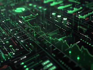 Fototapeta premium Futuristic stock market dashboard visualizing the shift from recession to growth with glowing graphs