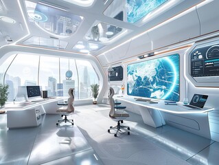 Futuristic office work environment with interactive AI assistants smart desks