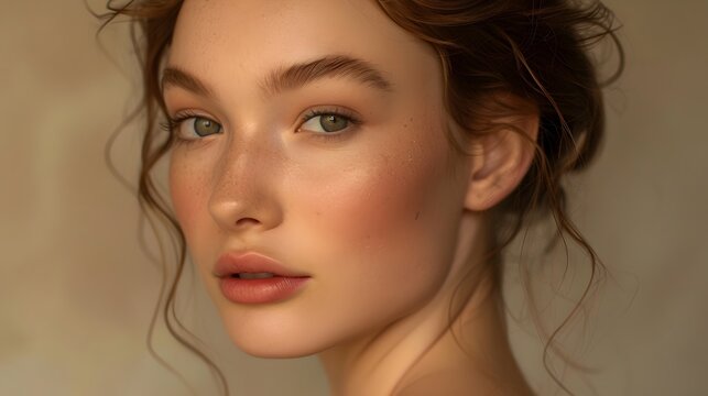 Elegant Portrait of a Woman with Soft Pink Lips and Radiant Skin, To showcase the beauty of a woman through a close-up portrait with a focus on her