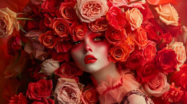 Elegant Woman in Rose Headpiece Exuding Romance, To evoke a sense of romance and beauty through the use of a floral headpiece and vibrant colors,