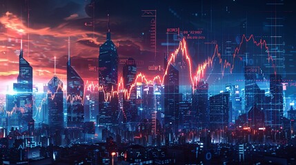 Futuristic city skyline with crumbling stock market graphs symbolizing bankruptcy - obrazy, fototapety, plakaty