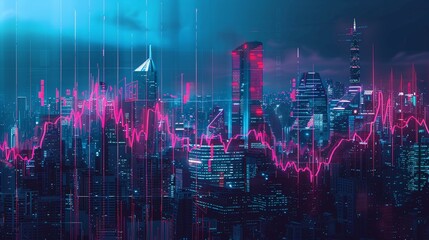 Futuristic city skyline with crumbling stock market graphs symbolizing bankruptcy