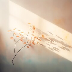 Painting of light reflection on wall with branch. Watercolor pastel colors aesthetic minimalism background with neutral style. Empty wall with color gradients as elegant and simple backdrop