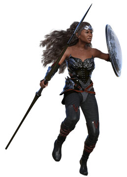 3D Rendered African American Female Warrior Isolated On Transparent Background Fighting With Spear and Shield - 3D Illustration