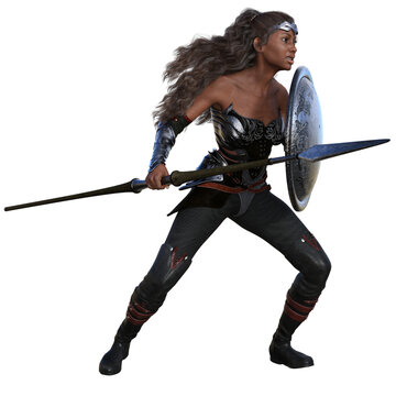 3D Rendered African American Female Warrior Isolated On Transparent Background Fighting With Spear and Shield - 3D Illustration
