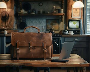 Briefcases and passports against laptops on kitchen tables