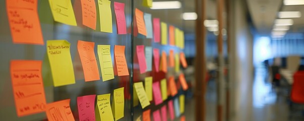 Brainstorming sessions with colorful post-its on glass walls versus independent researchers with digital notebooks - obrazy, fototapety, plakaty