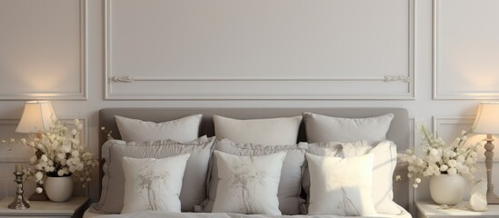 A classic bedroom style with a neatly made bed adorned with a variety of pillows of different shapes, sizes, and textures. The pillows add a touch of comfort and decorative flair to the room.