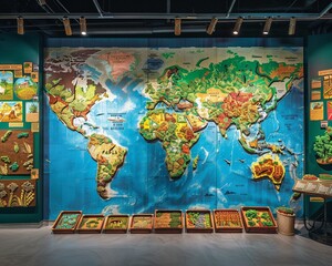 A world map highlighting global trade routes a museum exhibit of national history