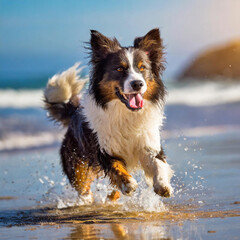 해변가를 뛰어노는 강아지의 모습