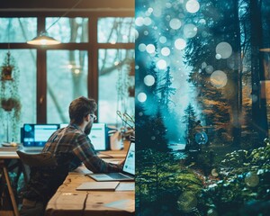 A split-screen comparison showing the energy of a team in an office the focus of a remote worker in nature