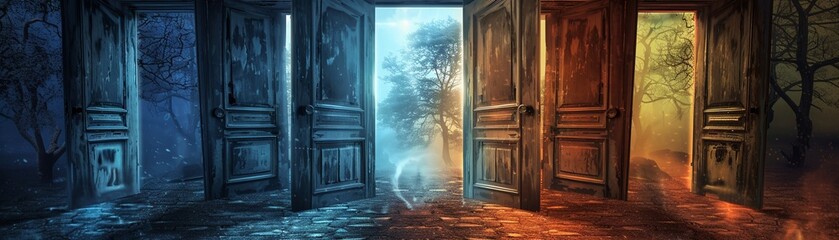 A series of doors in a corridor each opening from dark