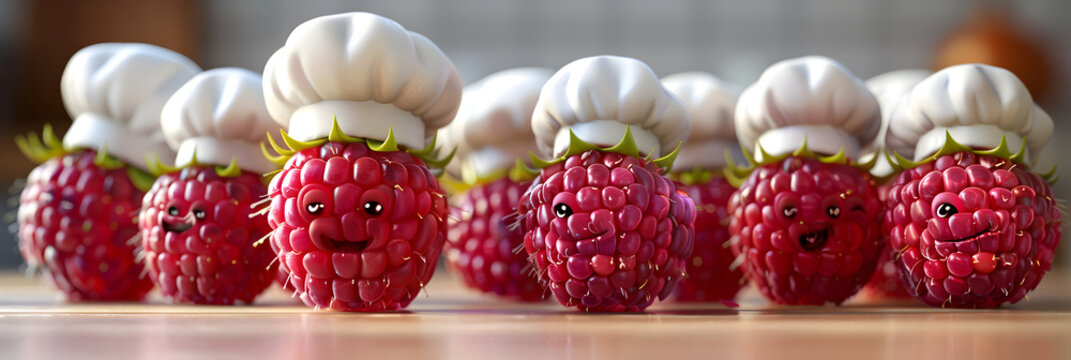 A whimsical 3D animated cartoon render of playful raspberries wearing chef hats.