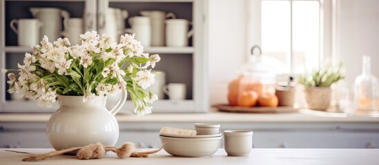 A vertical shot of a white vase filled with white flowers placed on top of a marble table in a kitchen. The table is part of a kitchen island with shelves and tableware,