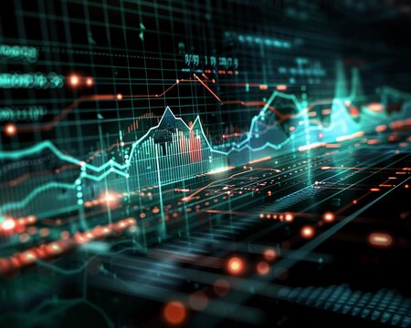 A graphical timeline displayed on a futuristic interface showing the dip of bankruptcy the peak of prosperity