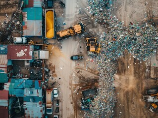 A drone view of a recycling plant thriving with activity a landfill site with mountains of waste