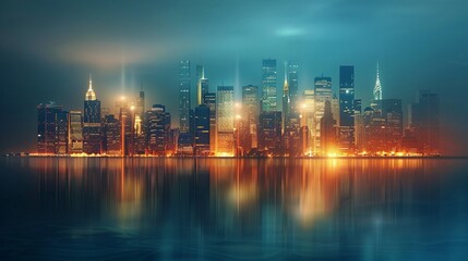 Fototapeta premium A city skyline transitioning from dark bankrupt buildings to illuminated skyscrapers symbolizing prosperity