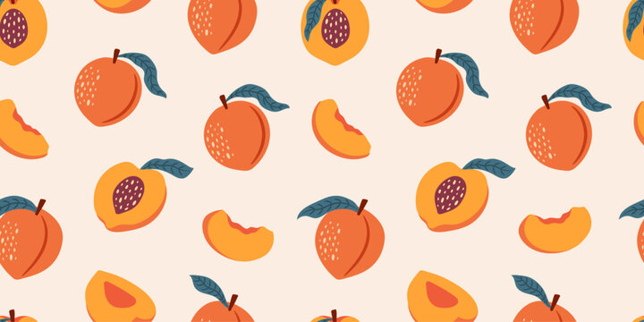 Vector hand-drawn seamless pattern with peaches, slices