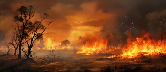 Fototapeta premium A large, uncontrolled bush fire rages in a field, fueled by climate change and environmental pollution. Dense flames and smoke consume the landscape.