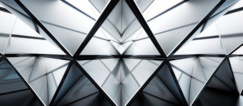 A black and white photo capturing the geometric intricacies of a metal structure, resembling a triangle prism.